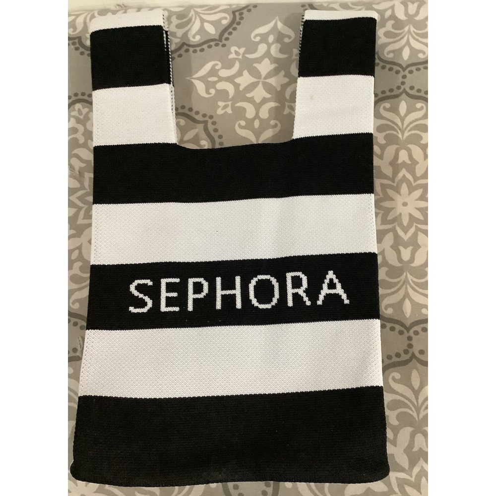 SEPHORA Black & White Stripe Knitted Tote Shopping Bag Limited Edition 8"x13.5"